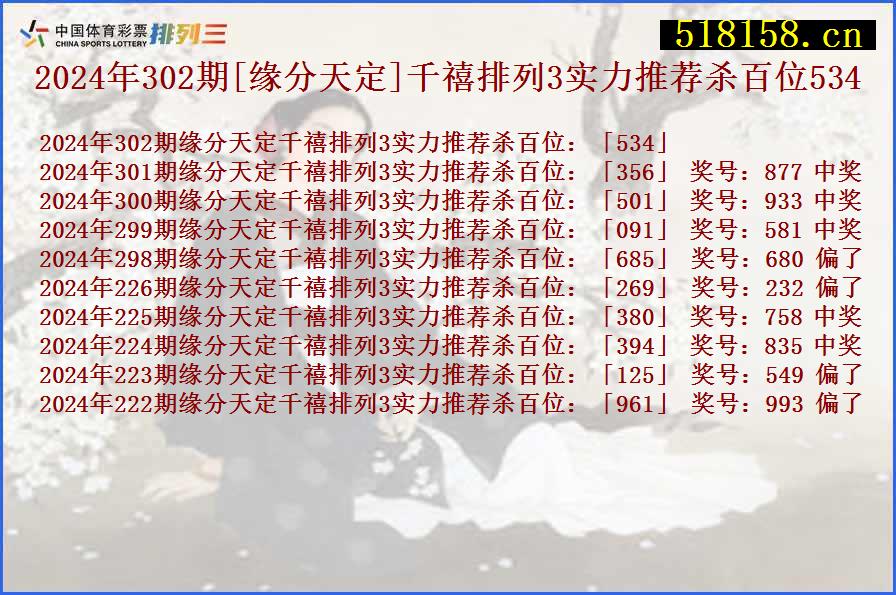 2024年302期[缘分天定]千禧排列3实力推荐杀百位534