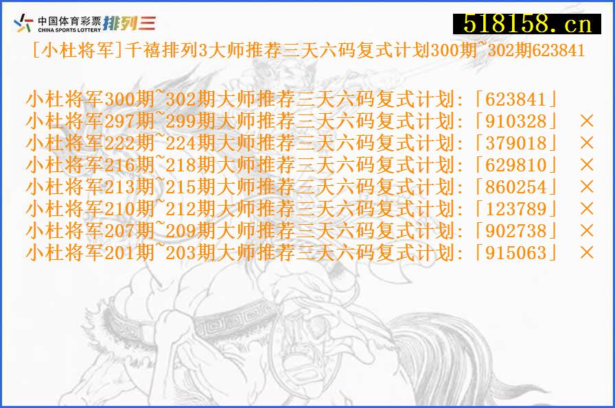 [小杜将军]千禧排列3大师推荐三天六码复式计划300期~302期623841