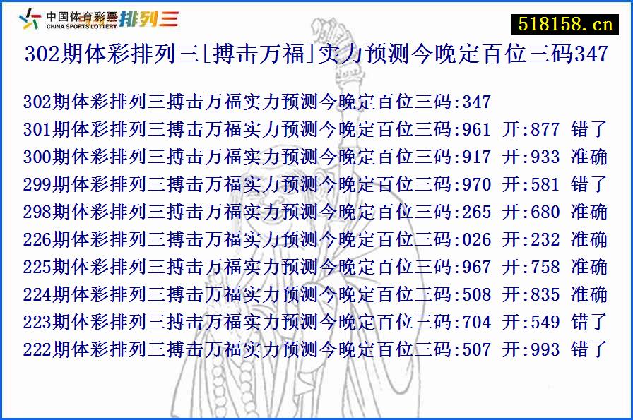 302期体彩排列三[搏击万福]实力预测今晚定百位三码347