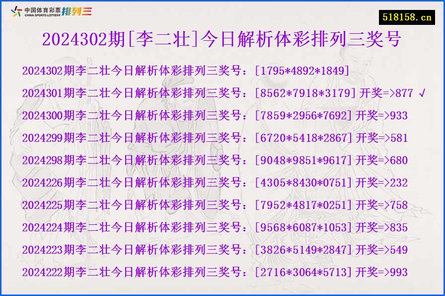 2024302期[李二壮]今日解析体彩排列三奖号