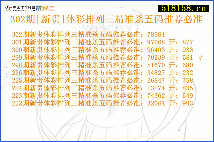 302期[新贵]体彩排列三精准杀五码推荐必准