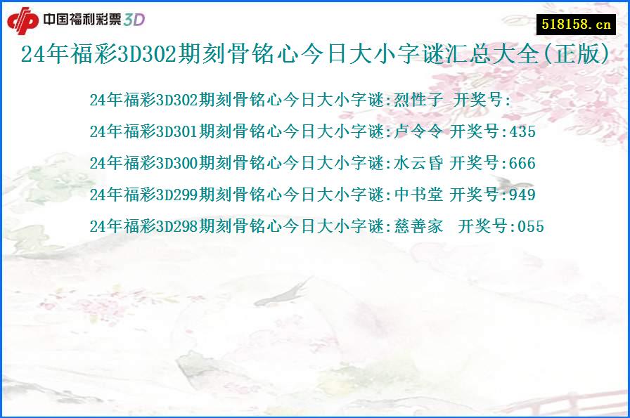 24年福彩3D302期刻骨铭心今日大小字谜汇总大全(正版)