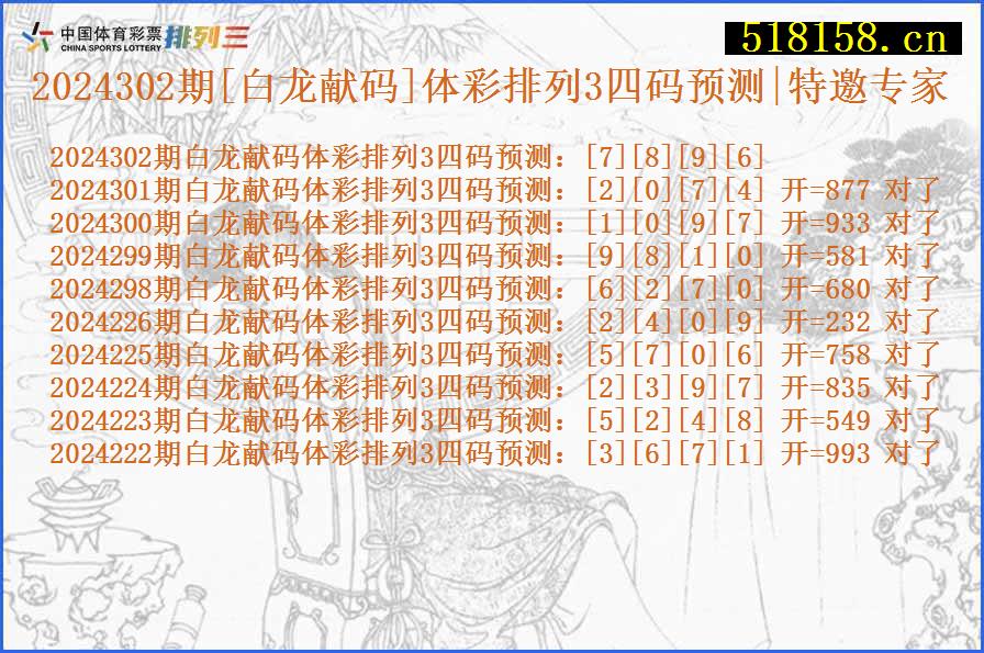 2024302期[白龙献码]体彩排列3四码预测|特邀专家