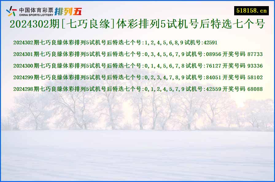 2024302期[七巧良缘]体彩排列5试机号后特选七个号