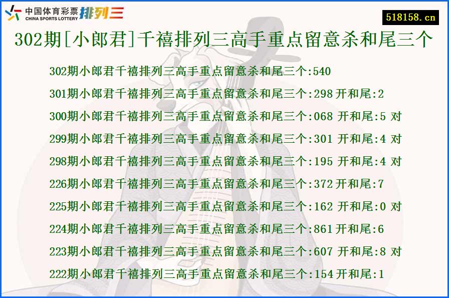 302期[小郎君]千禧排列三高手重点留意杀和尾三个