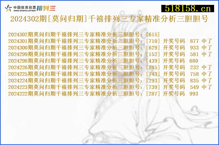 2024302期[莫问归期]千禧排列三专家精准分析三胆胆号