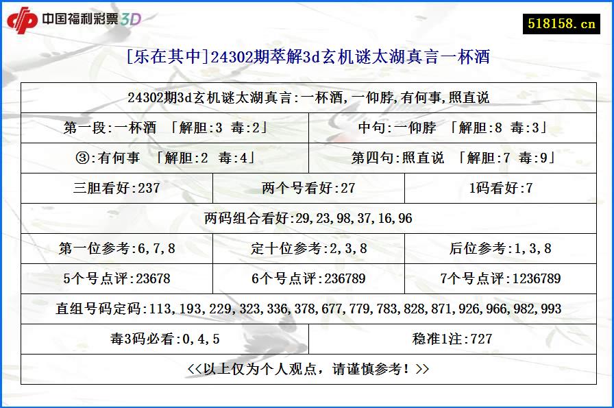 [乐在其中]24302期萃解3d玄机谜太湖真言一杯酒