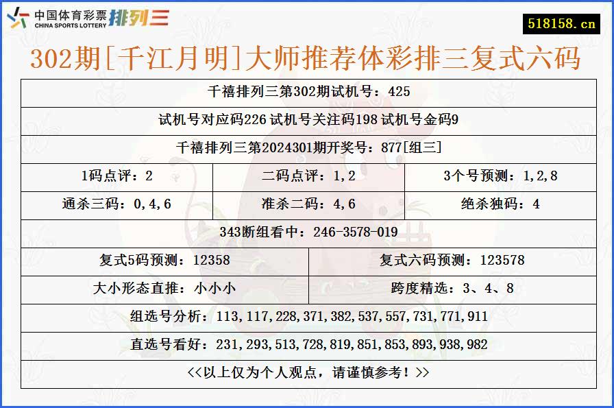 302期[千江月明]大师推荐体彩排三复式六码