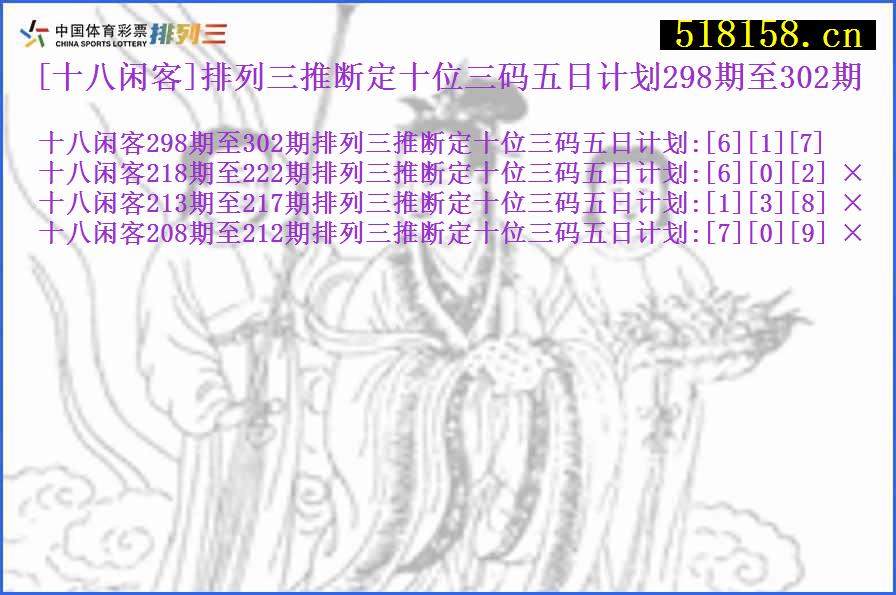 [十八闲客]排列三推断定十位三码五日计划298期至302期