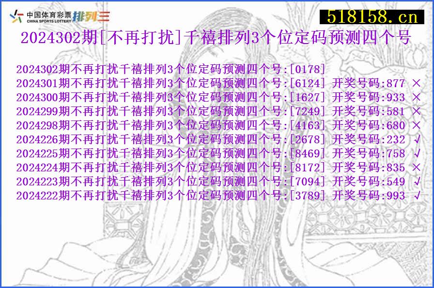 2024302期[不再打扰]千禧排列3个位定码预测四个号