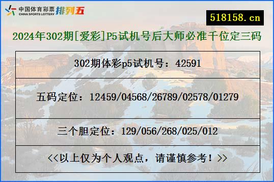 2024年302期[爱彩]P5试机号后大师必准千位定三码