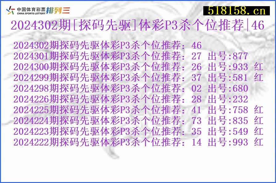 2024302期[探码先驱]体彩P3杀个位推荐|46