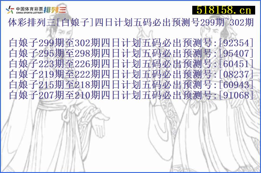 体彩排列三[白娘子]四日计划五码必出预测号299期~302期