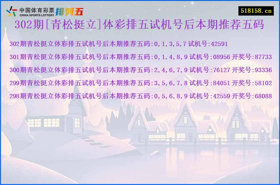 302期[青松挺立]体彩排五试机号后本期推荐五码