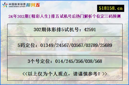 24年302期[精彩人生]排五试机号后热门解析个位定三码预测