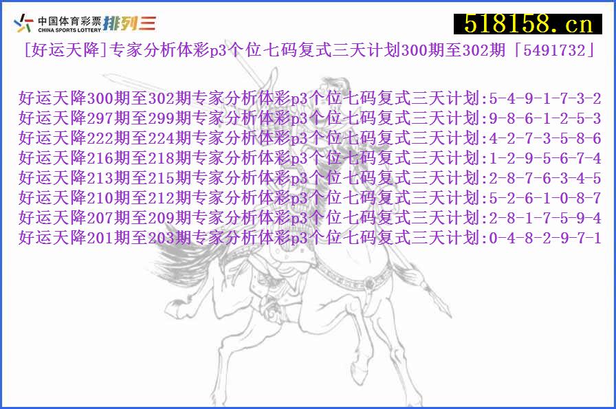 [好运天降]专家分析体彩p3个位七码复式三天计划300期至302期「5491732」