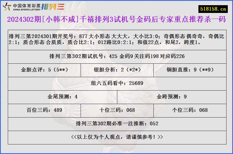 2024302期[小韩不咸]千禧排列3试机号金码后专家重点推荐杀一码