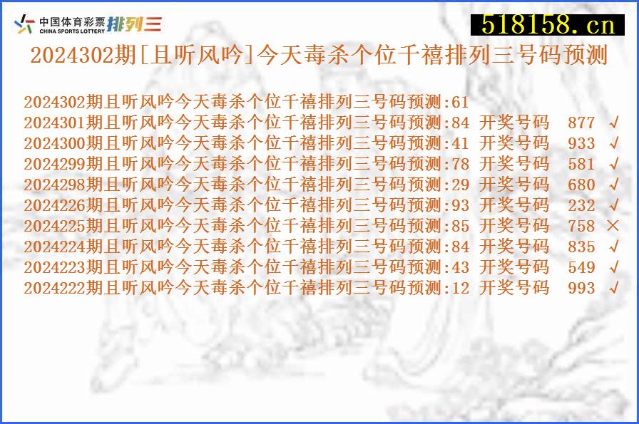 2024302期[且听风吟]今天毒杀个位千禧排列三号码预测