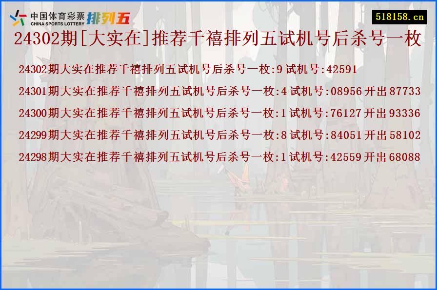 24302期[大实在]推荐千禧排列五试机号后杀号一枚