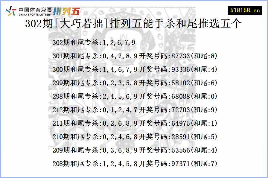 302期[大巧若拙]排列五能手杀和尾推选五个