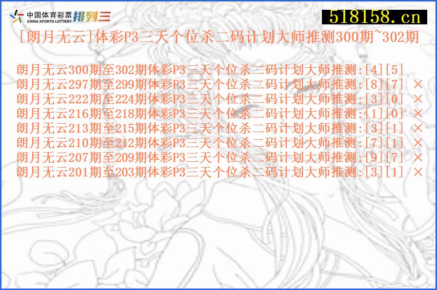 [朗月无云]体彩P3三天个位杀二码计划大师推测300期~302期