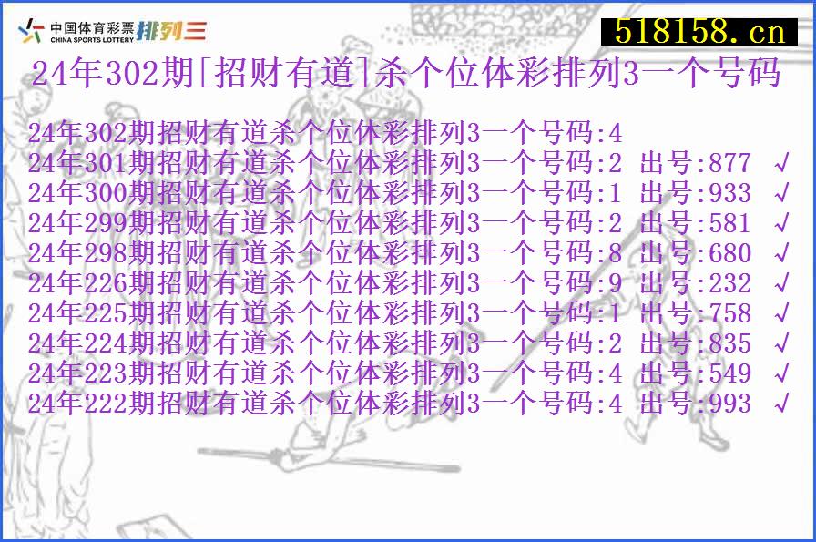 24年302期[招财有道]杀个位体彩排列3一个号码