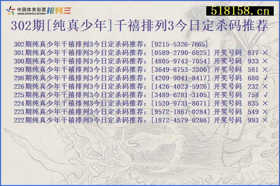 302期[纯真少年]千禧排列3今日定杀码推荐