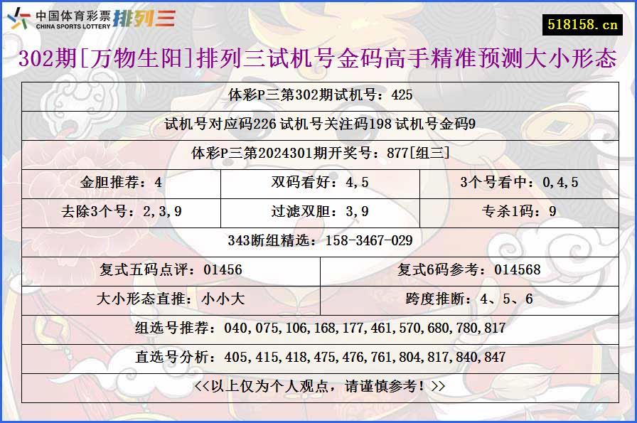 302期[万物生阳]排列三试机号金码高手精准预测大小形态