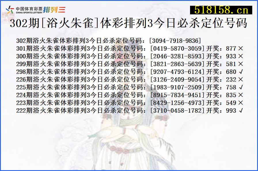 302期[浴火朱雀]体彩排列3今日必杀定位号码