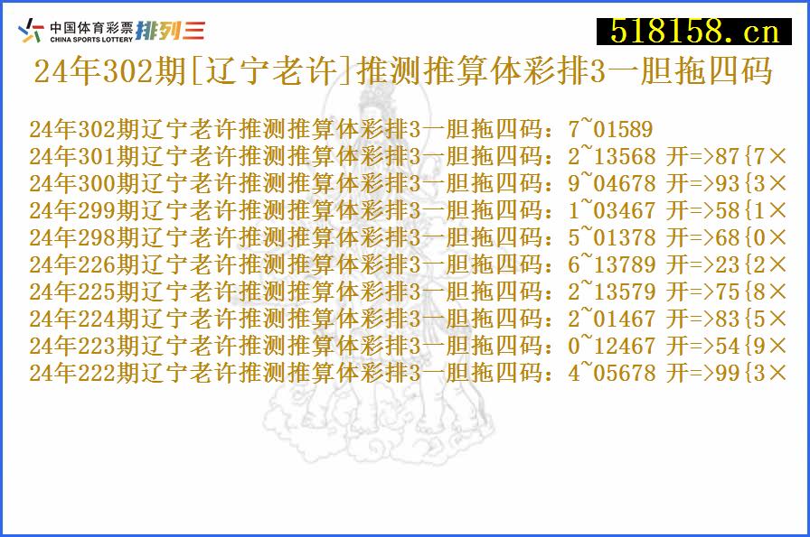 24年302期[辽宁老许]推测推算体彩排3一胆拖四码