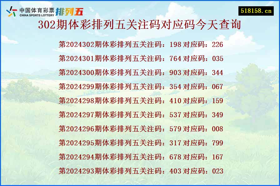 302期体彩排列五关注码对应码今天查询