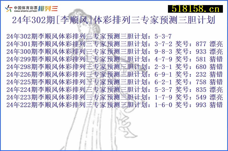 24年302期[李顺风]体彩排列三专家预测三胆计划