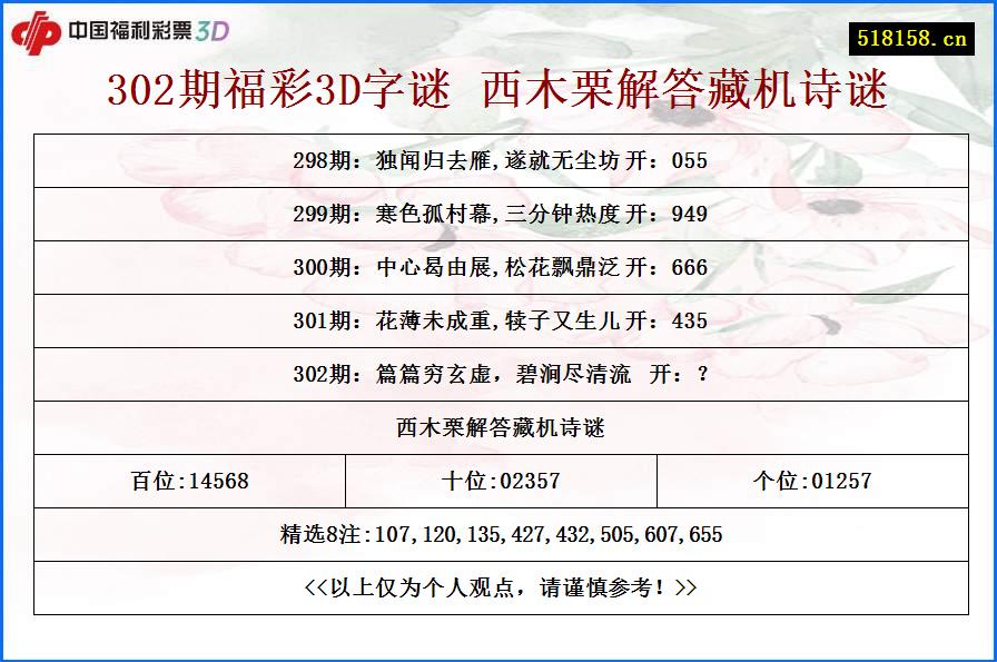 302期福彩3D字谜 西木栗解答藏机诗谜