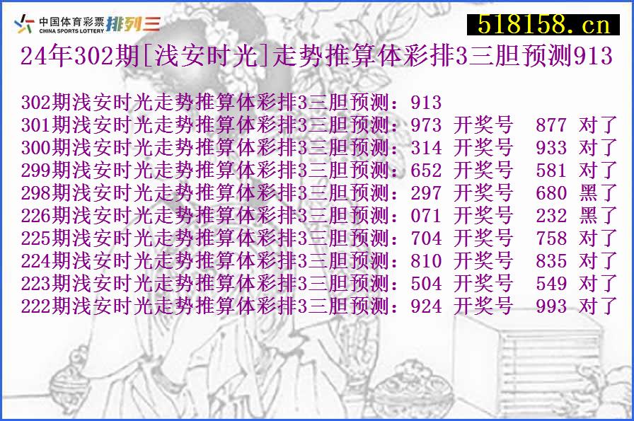 24年302期[浅安时光]走势推算体彩排3三胆预测913