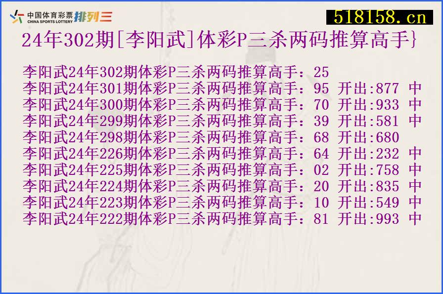 24年302期[李阳武]体彩P三杀两码推算高手}