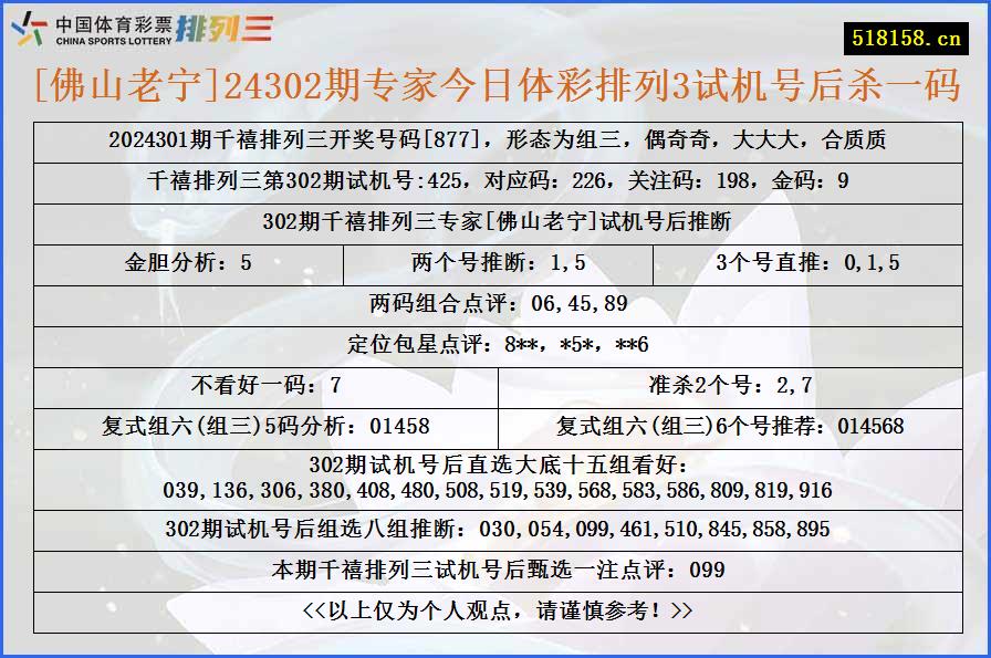 [佛山老宁]24302期专家今日体彩排列3试机号后杀一码