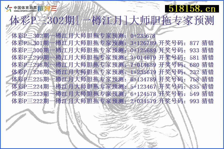 体彩P三302期[一樽江月]大师胆拖专家预测