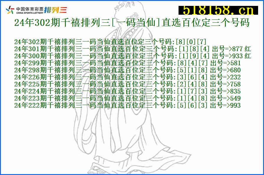 24年302期千禧排列三[一码当仙]直选百位定三个号码