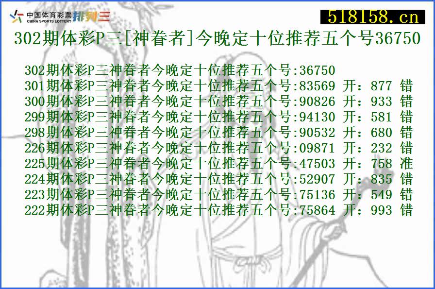 302期体彩P三[神眷者]今晚定十位推荐五个号36750