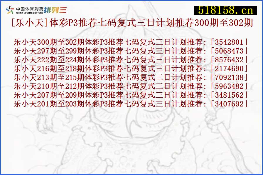 [乐小天]体彩P3推荐七码复式三日计划推荐300期至302期