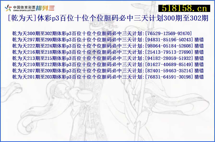 [乾为天]体彩p3百位十位个位胆码必中三天计划300期至302期