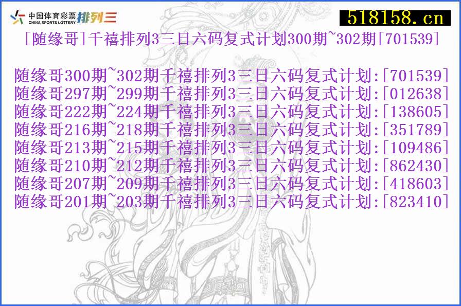 [随缘哥]千禧排列3三日六码复式计划300期~302期[701539]