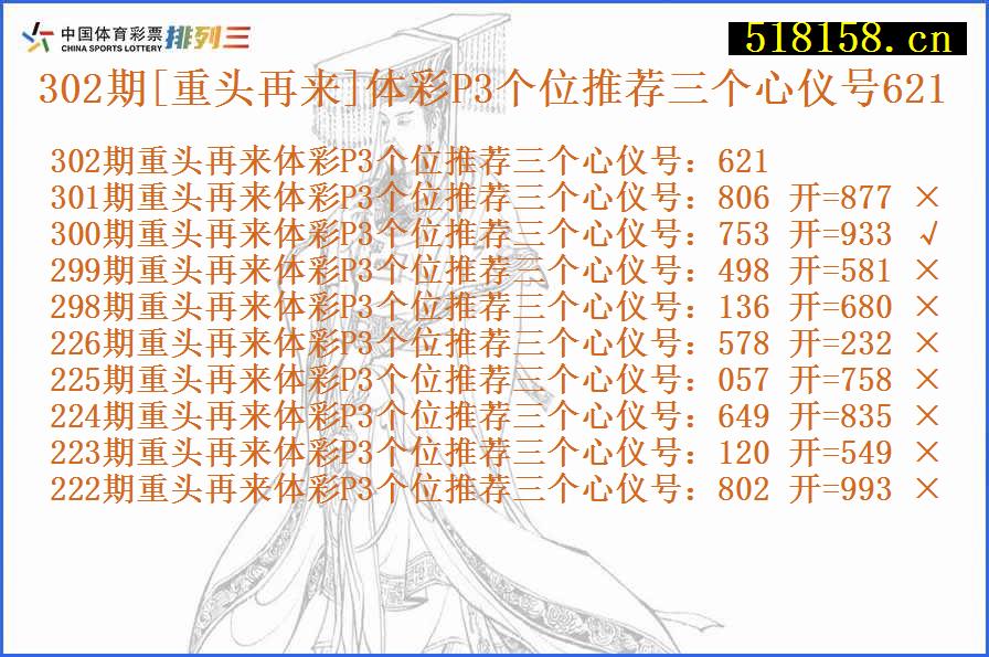 302期[重头再来]体彩P3个位推荐三个心仪号621