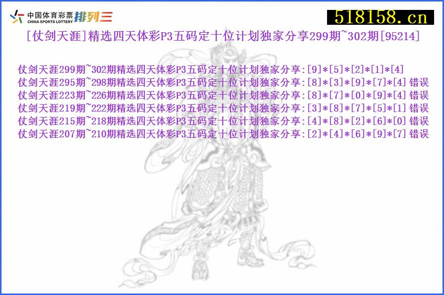 [仗剑天涯]精选四天体彩P3五码定十位计划独家分享299期~302期[95214]