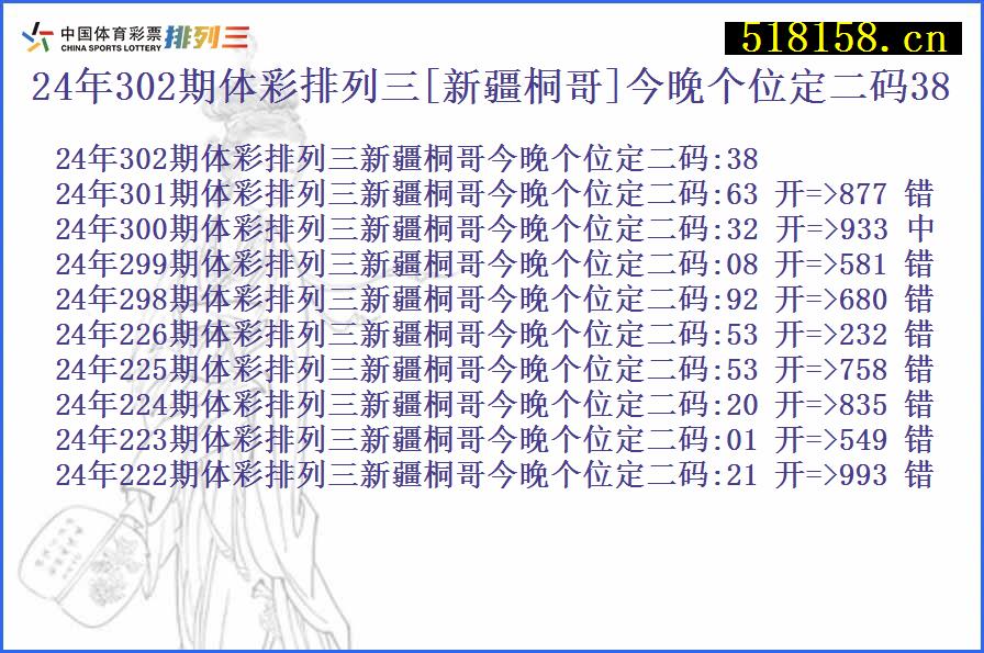 24年302期体彩排列三[新疆桐哥]今晚个位定二码38