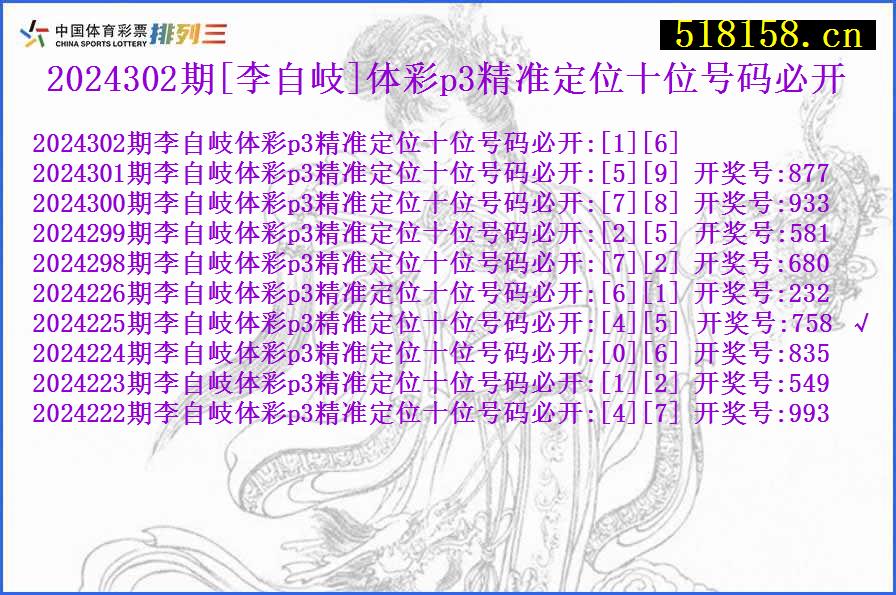 2024302期[李自岐]体彩p3精准定位十位号码必开