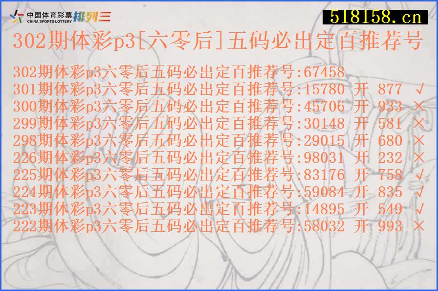 302期体彩p3[六零后]五码必出定百推荐号