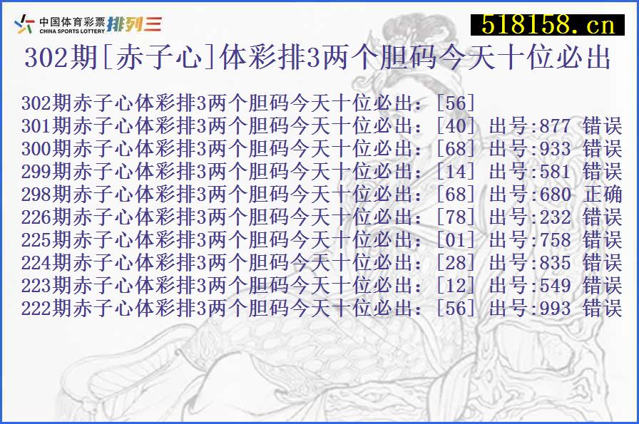 302期[赤子心]体彩排3两个胆码今天十位必出