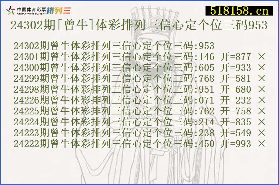 24302期[曾牛]体彩排列三信心定个位三码953