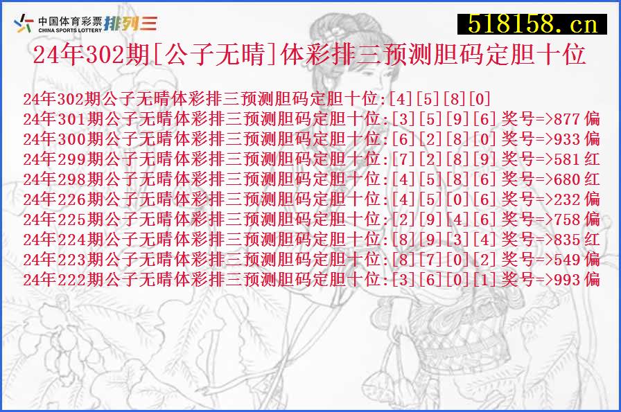 24年302期[公子无晴]体彩排三预测胆码定胆十位